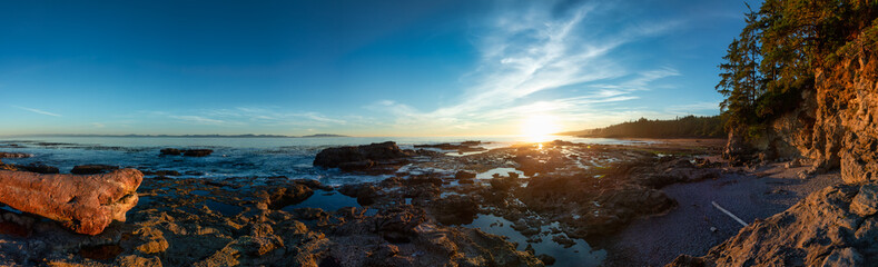 Fototapeta premium Panoramic View of Botanical Beach on the West Coast of Pacific Ocean. Summer Sunset. Canadian Nature Panorama Background. Port Renfrew near Victoria, Vancouver Island, British Columbia, Canada.