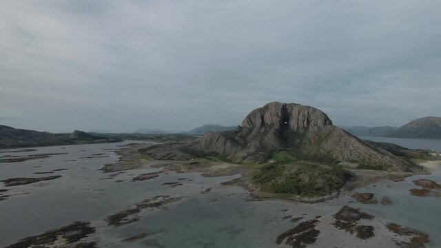 Aerial View Of Torghatten Mountain, Granite Dome With Hole In The Center On The Island Of Torget In Bronnoy, Nordland, Norway. - push in