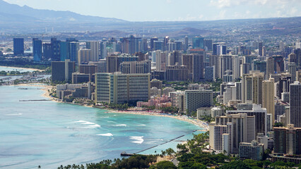 View overlooking downtown Honolulu and Waikiki Beach, taken from atop Diamond Head crater.