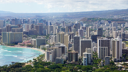 View overlooking downtown Honolulu and Waikiki Beach, taken from atop Diamond Head crater.