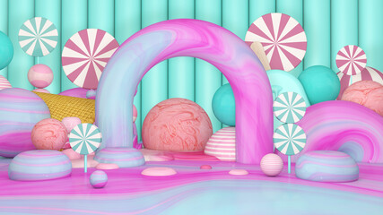 Melted ice cream on Room floor. Summer time. 3D illustration, 3D rendering	
