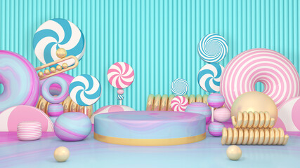 Background rendering with podium and wall scene abstract background. 3D illustration, 3D rendering	