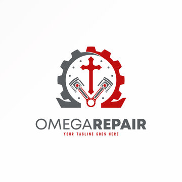 Unique Omega, Christian cross, Piston, and gear image graphic icon logo design abstract concept vector stock. Can be used as a symbol related to the workshop or science