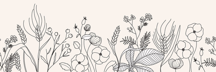 Fototapeta minimal Autumn botanical graphic sketch line art drawing, trendy tiny tattoo design, floral elements vector illustration obraz