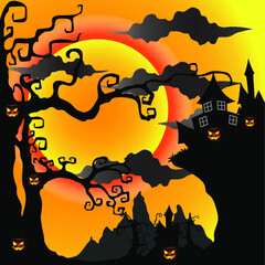 Halloween night moon composition with glowing pumpkins vintage castle and owl full moon