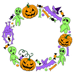 Happy Halloween-round frame of holiday design characters-pumpkin, Jack lantern, zombie, bat, candy. Festive border, title for greeting card, invitation, party poster, banner