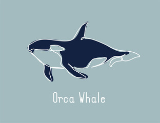 Single continuous line drawing of orca whale for marine company logo identity. Big fish mammal animal mascot concept for business logotype. Modern one line draw design illustration vector graphic