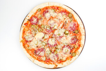 Italian pizza with melted mozzarella cheese, olives and tomato garnished  isolated on white background