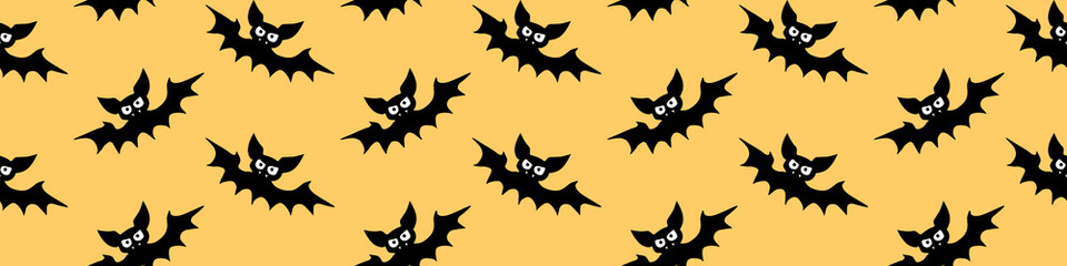 Flying bats seamless pattern. Cute Spooky vector Illustration. Halloween backgrounds and textures in flat cartoon gothic style. Black silhouettes animals on sky.