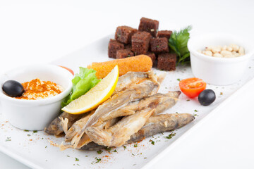 plate with beer snacks, fried croutons, squid, onions and sauces