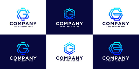 set of logo design initial letter G hexagon design for business and technology companies