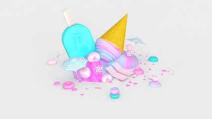 Melted ice cream on Room floor. Summer time. 3D illustration, 3D rendering	
