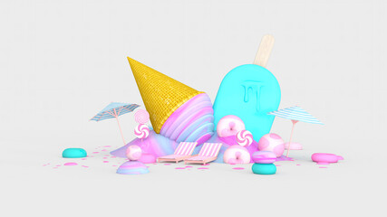 Melted ice cream on Room floor. Summer time. 3D illustration, 3D rendering