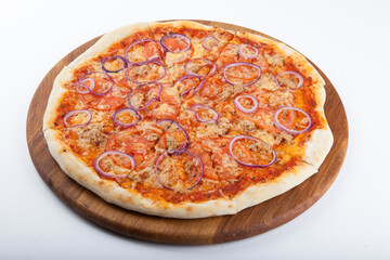italian pizza on wooden board with white background
