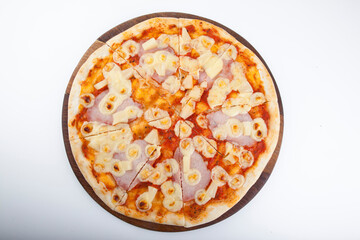 italian pizza on wooden board with white background
