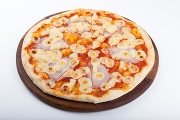italian pizza on wooden board with white background
