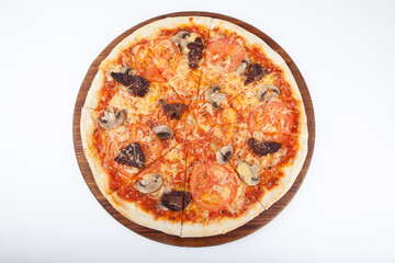 italian pizza on wooden board with white background
