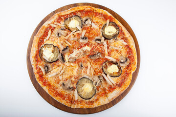 italian pizza on wooden board with white background