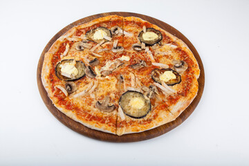 italian pizza on wooden board with white background
