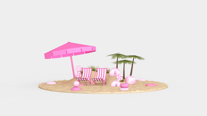 Summer with water play equipment placed on the beach. summer time. 3D illustration, 3D rendering	