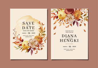 beautiful watercolor autumn floral wedding invitation template - obrazy, fototapety, plakaty