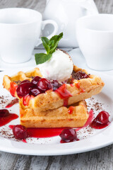 delicious sweet dessert on white plate with tea
