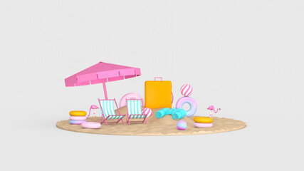 Summer with water play equipment placed on the beach.  summer time. 3D illustration, 3D rendering 