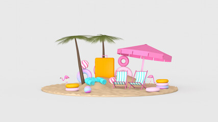 Summer with water play equipment placed on the beach. summer time. 3D illustration, 3D rendering	