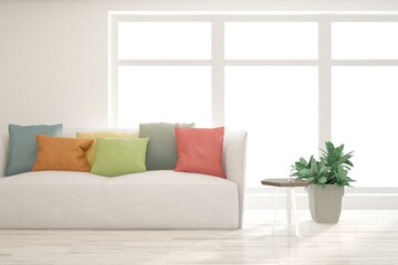 White living room with sofa. Scandinavian interior design. 3D illustration