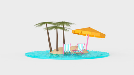 Summer with water play equipment placed on the beach. summer time. 3D illustration, 3D rendering	