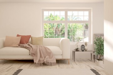 White living room with sofa and summer landscape in window. Scandinavian interior design. 3D illustration