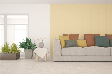 White living room with sofa. Scandinavian interior design. 3D illustration