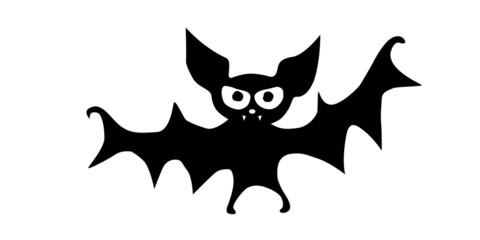 Cute vampire bat drawn in cartoon flat style. Vector black silhouette illustration isolated on white background. For halloween design, greeting card