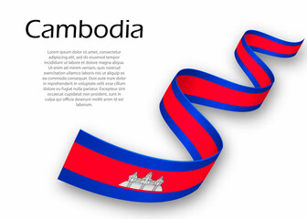 Waving ribbon or banner with flag of Cambodia. Template for independence day design