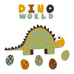 Cartoon print with spotted dinosaur, eggs and lettering vector illustration. Funny colorful set print for t-shirt, card, poster and stickers