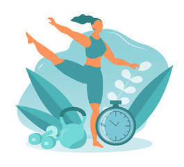vector illustration on the theme of sports, yoga, morning exercises. young woman is doing exercise, next to her is a stopwatch, dumbbells, kettlebell. trendy flat style illustration