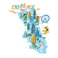 Chicago map with landmarks icons set. Traditional symbols, people and buildings full color vector illustration. - obrazy, fototapety, plakaty