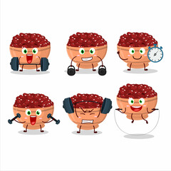 A healthy kidney beans cartoon style trying some tools on Fitness center