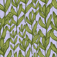 Fototapeta na wymiar Creative tropical branch with leaves seamless pattern on stripes background.