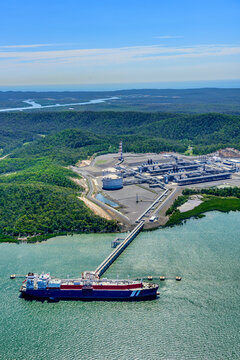 Vertical shot of  liquified natural gas plant and LNG ship on Curtis Island, Queensland