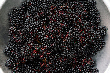 Raw ripe elderberry in a bowl standing on a green grass, top down view. Clusters fruit black elderberry. Sambucus nigra. Elder, black elder. European black elderberry background