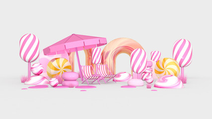 Summer with water play equipment placed on the beach. summer time. 3D illustration, 3D rendering	
