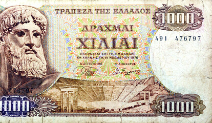Obverse side of 1000 one thousand Greek Drachmas Drachmai banknote currency issued 1970 in Greece...