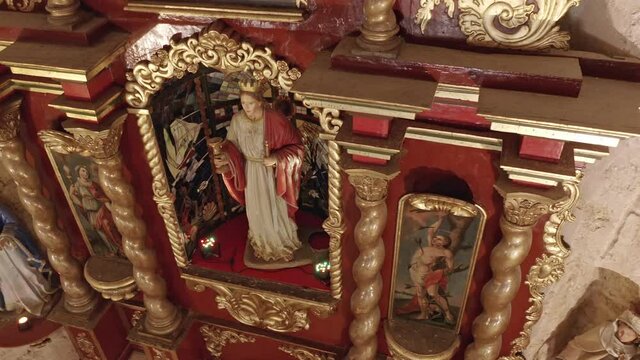 Beautiful red and gold altar of the Iglesia De Santa Barbara in Mexico -Top view