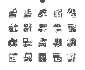 Services. Different service of people. Print, plumbing, security, coworking, medical, cleaning service and other. Business, technology, company. Vector Solid Icons. Simple Pictogram