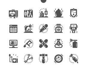 Medical Instruments. Dropper bottle, microscope, pipette, patches, flask and other. Health care, medical and medicine. Medical scissors. Vector Solid Icons. Simple Pictogram
