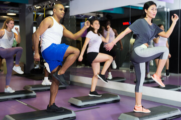 Fototapeta na wymiar Sporty women and men doing cardio exercises training with step platforms at fitness center