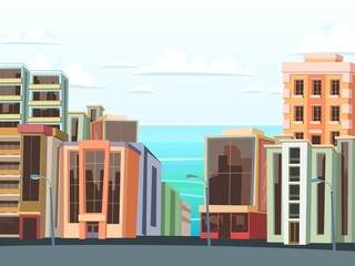 Small cozy town. Quiet residential area district. Beautiful modern buildings. Houses along the roads. Cartoon illustration flat style. Road to the sea. Vector.