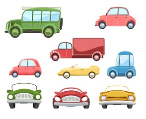 Set of cars. Cartoon comic in funny style. Side and front view. Beautiful retro auto, truck and bus. Flat stile. Childrens illustration. Isolated on white background. Vector