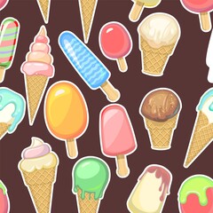 Ice cream pattern seamless. Dark Background illustration. Wallpaper print. In waffle glasses and cones. Popsicle on sticks. Summer food sweet dessert. Flat design. Vector.